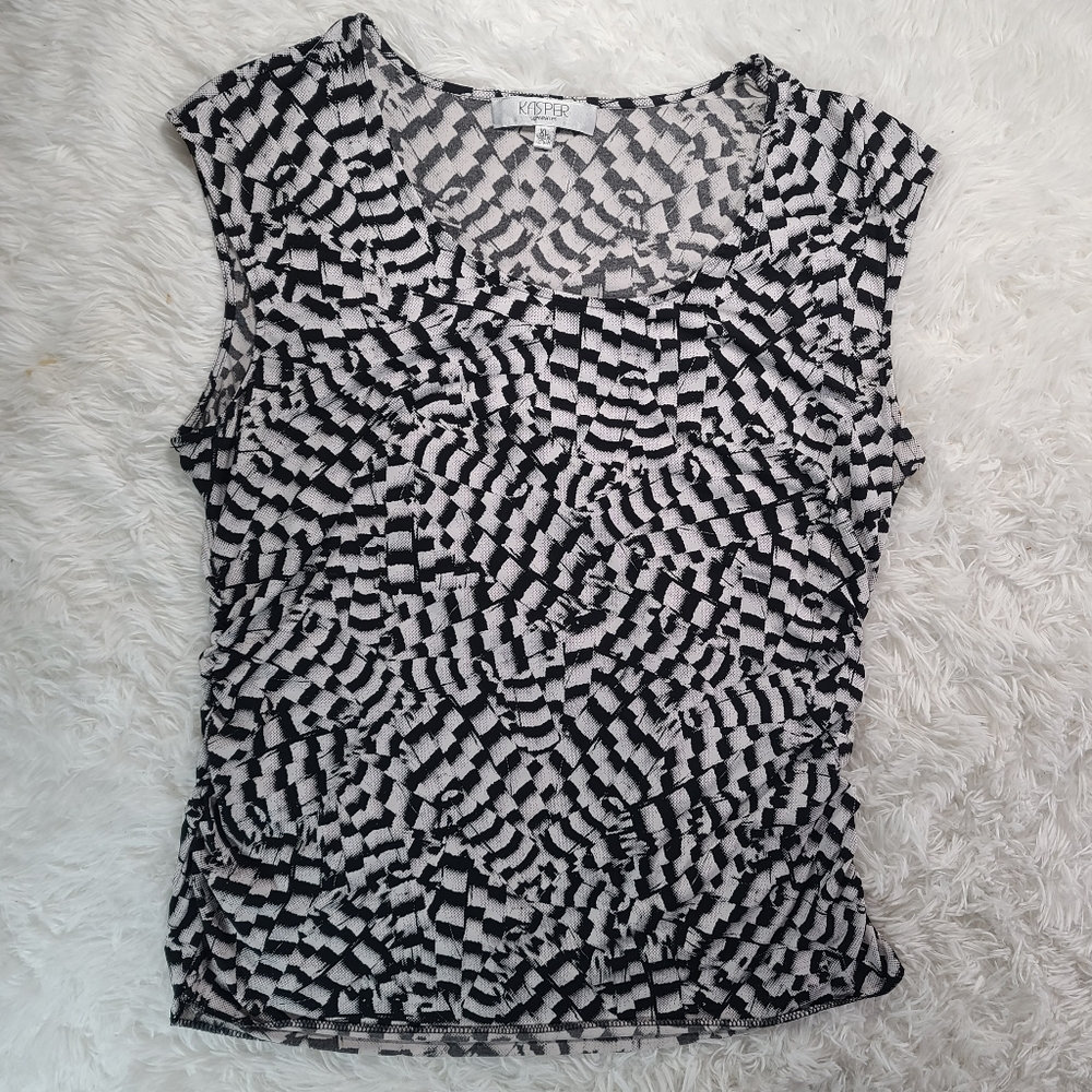 Kasper Women's Black & White Scoop Neck Ruched Sleeveless Top Size XL